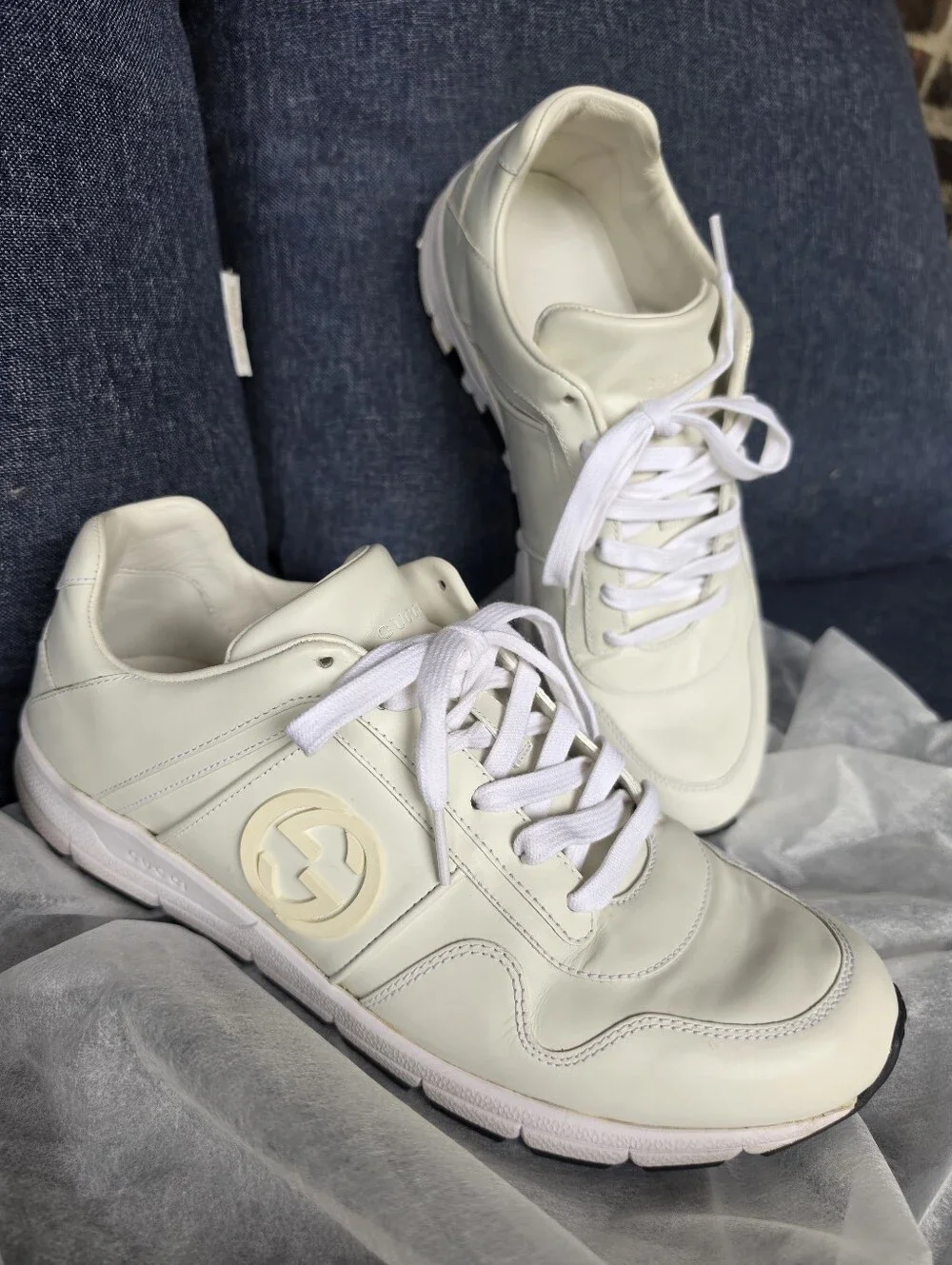 Authentic Gucci GG White Leather Men's Sneakers Shoes
